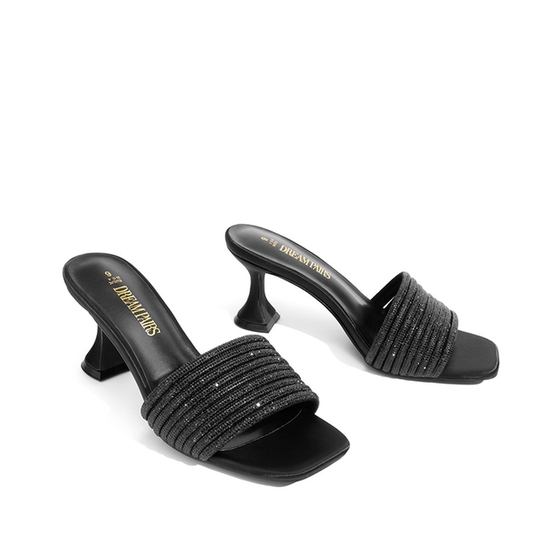 Rhinestone Flared Heel Sandals - BLACK - 4